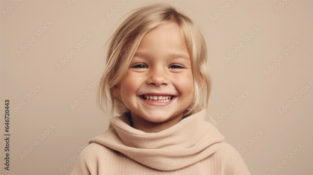 Smiling blonde kid in a studio, wearing neutral clothes against a light beige backdrop. Generative AI Smiling blonde kid in a studio, wearing neutral clothes against a light beige backdrop. Generative AI
