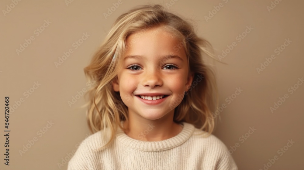 Happy little girl in a studio, posing with a joyful smile against a light beige background. Generative AI Happy little girl in a studio, posing with a joyful smile against a light beige background. Generative AI