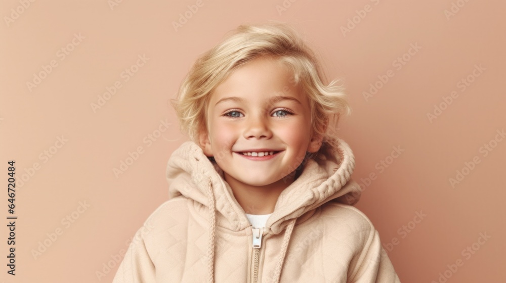 Smiling little girl in a studio setting, wearing neutral clothes against a light beige background. Generative AI Smiling little girl in a studio setting, wearing neutral clothes against a light beige background. Generative AI