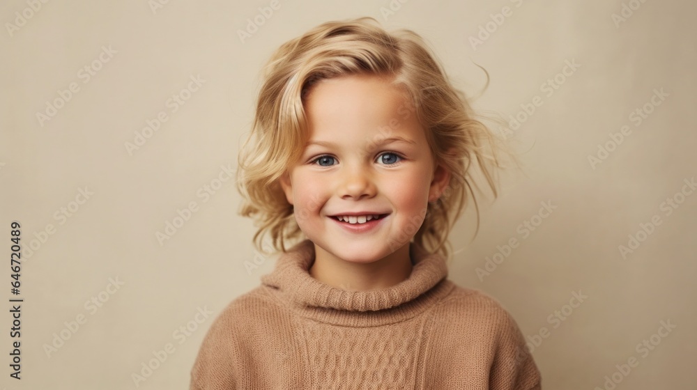 Happy little girl in a studio, posing with a joyful smile against a light beige background. Generative AI Happy little girl in a studio, posing with a joyful smile against a light beige background. Generative AI