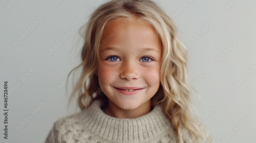 Smiling little girl in a studio setting, wearing neutral clothes against a light beige background. Generative AI Smiling little girl in a studio setting, wearing neutral clothes against a light beige background. Generative AI