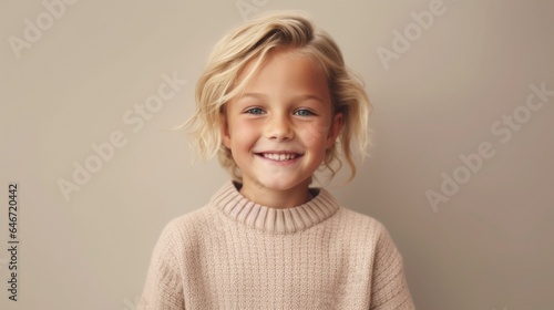 Portrait of a happy blonde child in a studio with a light beige backdrop. Generative AI