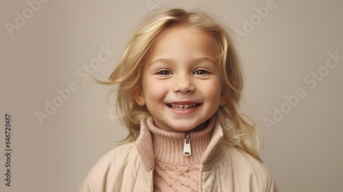 Portrait of a beaming blonde child in neutral attire against a light beige studio backdrop. Generative AI