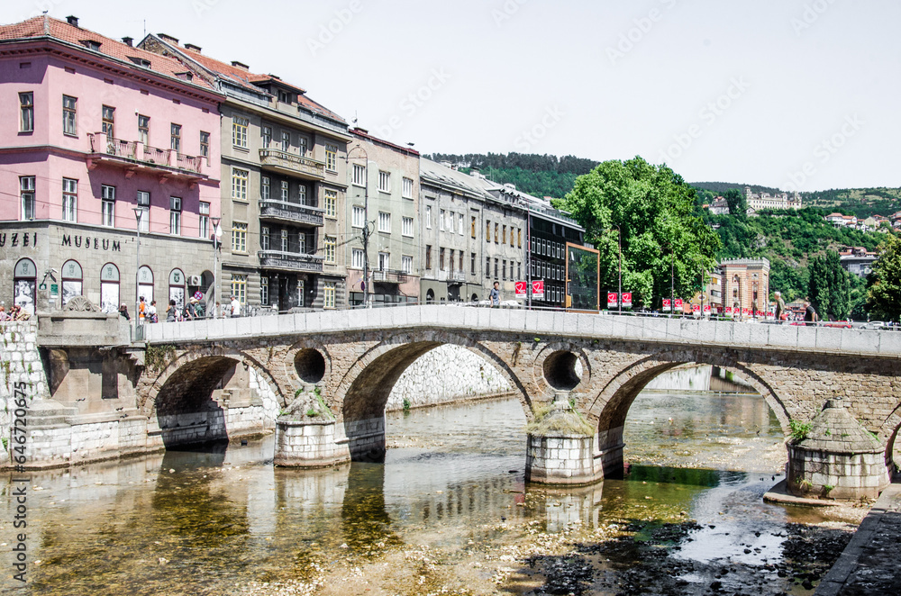 Sarajevo, Bosnia and Hercegovina, August 13, 2023. View of Latin Bridge and old town of Sarajevo.
