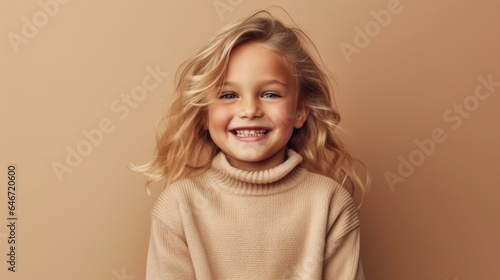 Blonde child beams with joy in a neutral outfit against a light beige studio backdrop. Generative AI