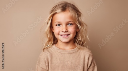 Portrait of a delighted little girl with blonde hair, wearing neutral clothes, on a beige studio background. Generative AI