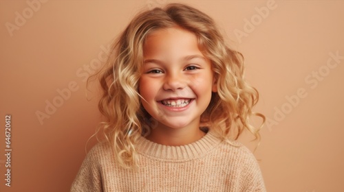 A young blonde kid in cheerful spirits dons neutral attire against a light beige studio backdrop. Generative AI