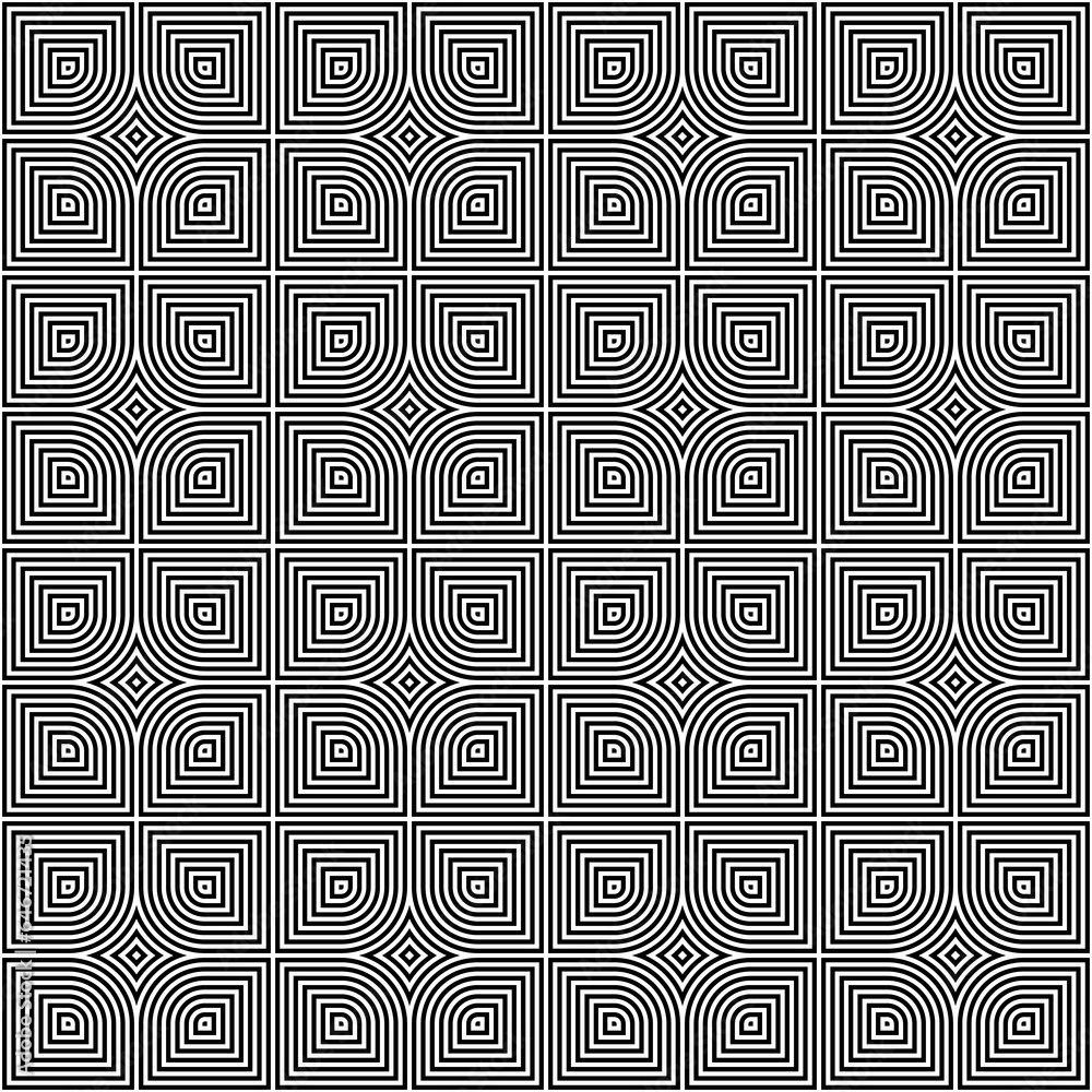 Obraz premium Stylized black squares and rhombuses on white background. Decorative grill panel motif. Seamless surface pattern design with symmetric geometric ornament. Digital paper for web designing. Vector art