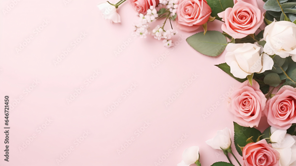 Flowers composition. Pink blank paper white fresh rose