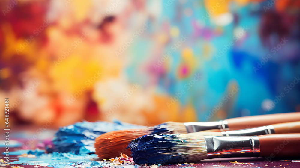 bright multicolored creative background, a group of brushes with paint on the background of a multicolored spectrum canvas, the idea of creativity banner, team