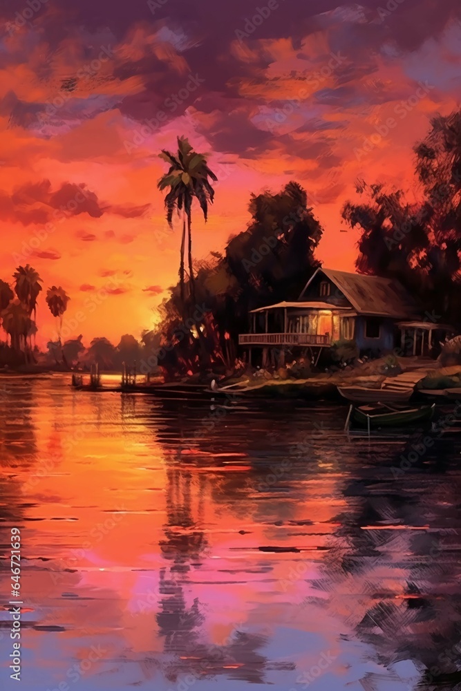 Fototapeta premium An idyllic lakeside scene at sunset, with vibrant hues of orange and pink painting the sky and casting a warm glow on the tranquil water