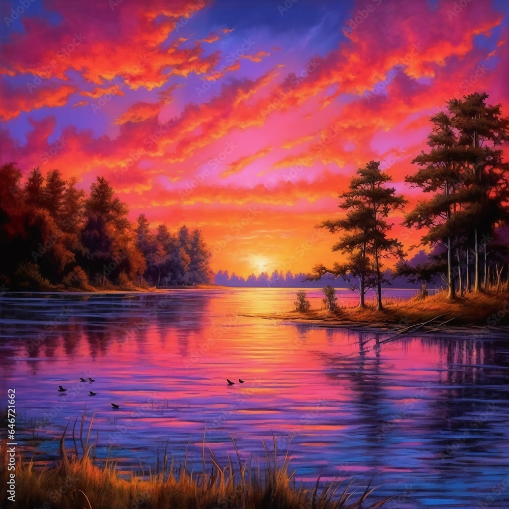 An idyllic lakeside scene at sunset, with vibrant hues of orange and pink painting the sky and casting a warm glow on the tranquil water