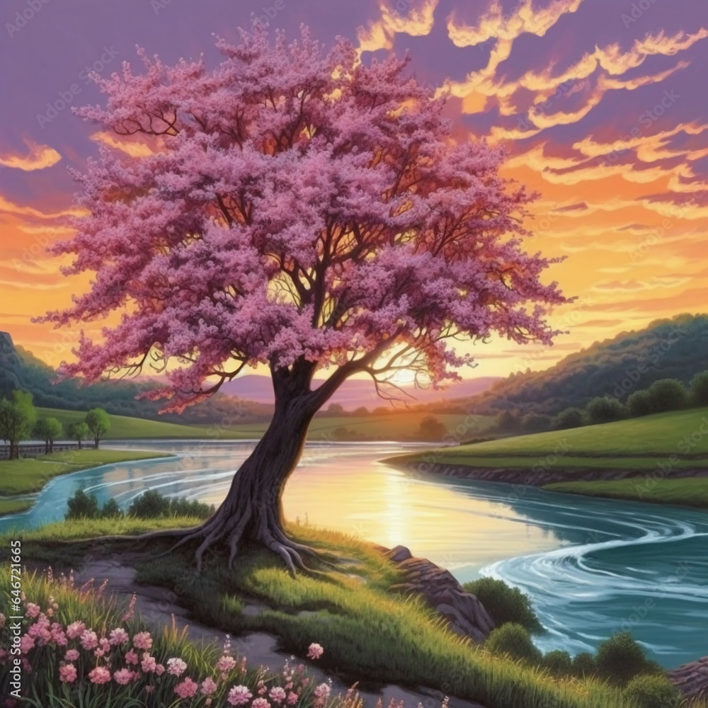 a countryside river with a majestic blossom tree against the backdrop of a serene sunset