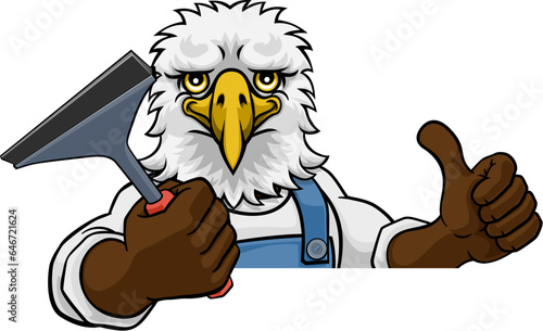 An eagle cartoon mascot car or window cleaner holding a squeegee tool peeking round a sign and giving a thumbs up