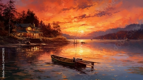 An idyllic lakeside scene at sunset, with vibrant hues of orange and pink painting the sky and casting a warm glow on the tranquil water