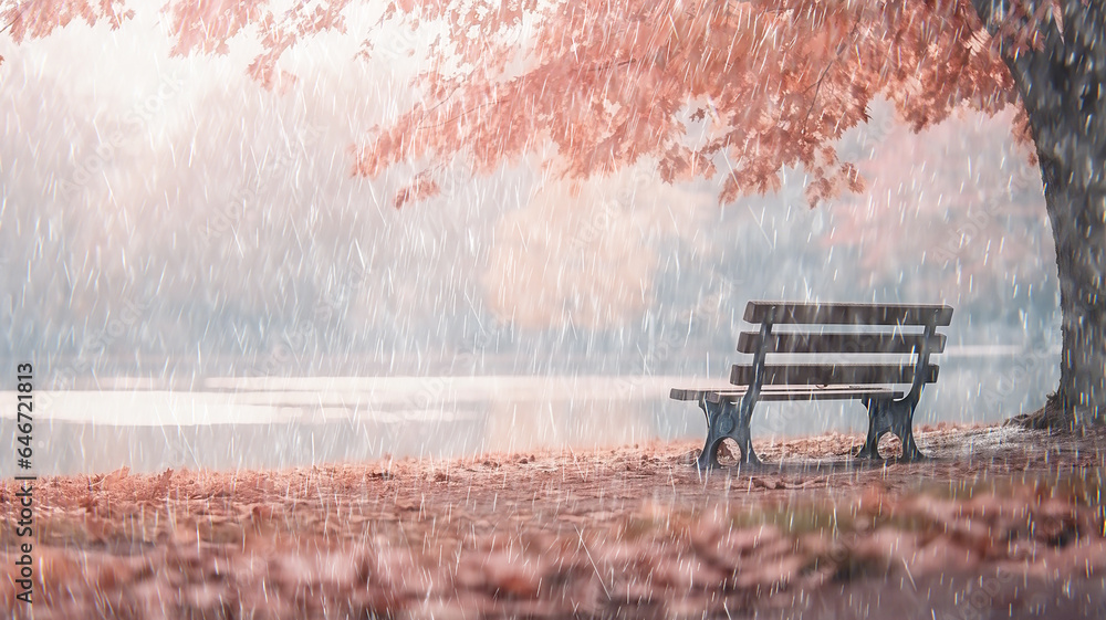 Obraz premium autumn rain, landscape in the park silence and raindrops in the park for walking in the wet weather of lonely November