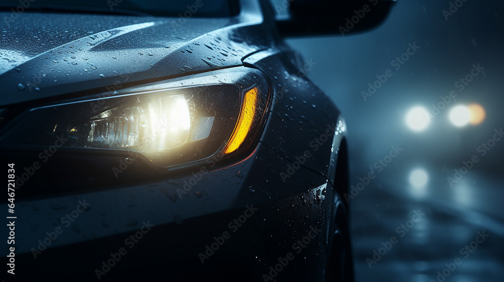 the headlights of a car on an autumn road in fog, the weather is a dangerous road in November - obrazy, fototapety, plakaty 