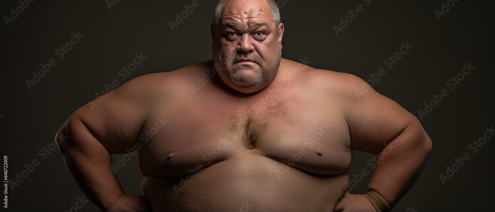 Fototapeta premium Studio shot portrait of plump mature adult man poses topless has fat abdomen isolated on black background. Body positive overweight man flexing his biceps. Generative ai