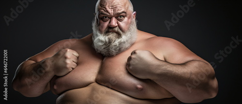 Studio shot portrait of plump mature adult man poses topless has fat abdomen isolated on black background. Body positive overweight man flexing his biceps. Generative ai