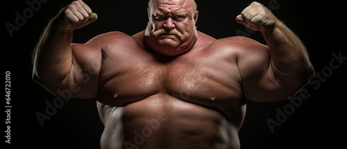 Studio shot portrait of plump mature adult man poses topless has fat abdomen isolated on black background. Body positive overweight man flexing his biceps. Generative ai
