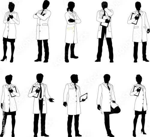 Silhouette people scientists, engineers professors set. Men and women in lab coats. Some holding clipboard checklists. Maybe chemists, science teachers or pharmacists doing experiments or surveying.