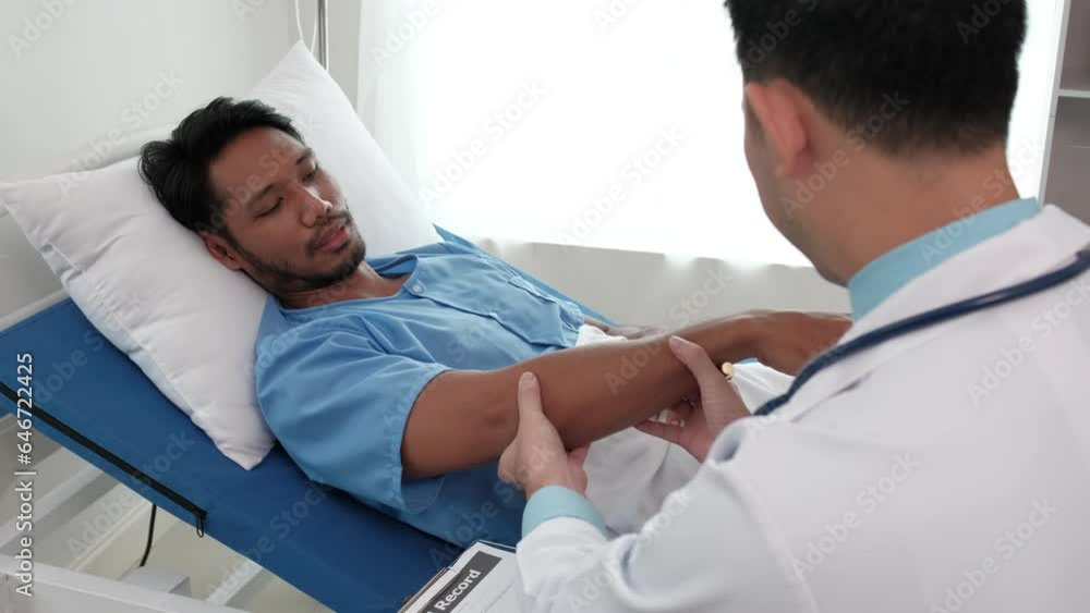Doctor with clipboard and young man patient meeting at hospital, healthcare and people concept Doctor with clipboard and young man patient meeting at hospital, healthcare and people concept