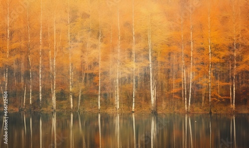 Autumnal textural forest scenic abstract background with motion blur, toned in vintage style, reflection in water. Abstract autumn background, Generative AI