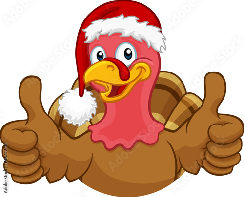 Turkey Christmas or Thanksgiving Holiday cartoon character wearing a Santa Claus hat