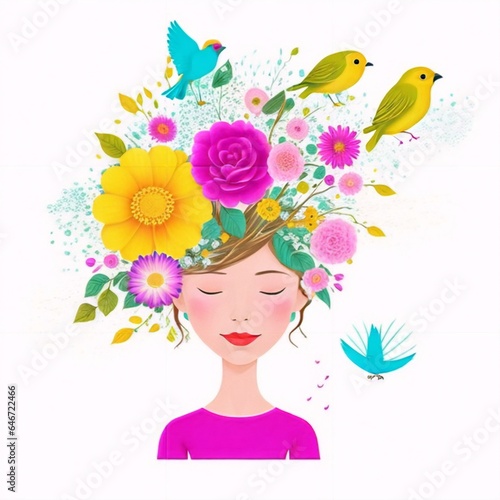 illustration of girl with flower on her head and birds vector isolated 