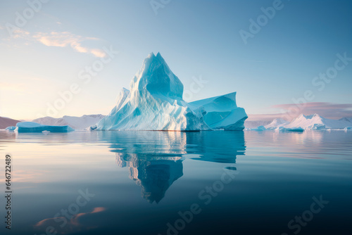 A solitary iceberg drifts on a glassy water