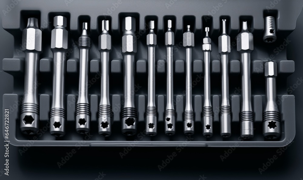 Set of bits for screwdriver. Metal bits for screwdriver. Tool set for household use. Nozzles and adapters for screwdrivers. Head different size hex, Generative AI