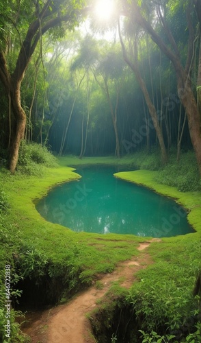 forest with lake  sun rays through the forest  forest with lake scene  sun rays on the lake  tropical forest with small lake