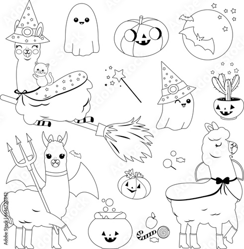 Collection of cute llamas in Halloween costumes, treats, candy and other Halloween objects. Vector black and white coloring page.