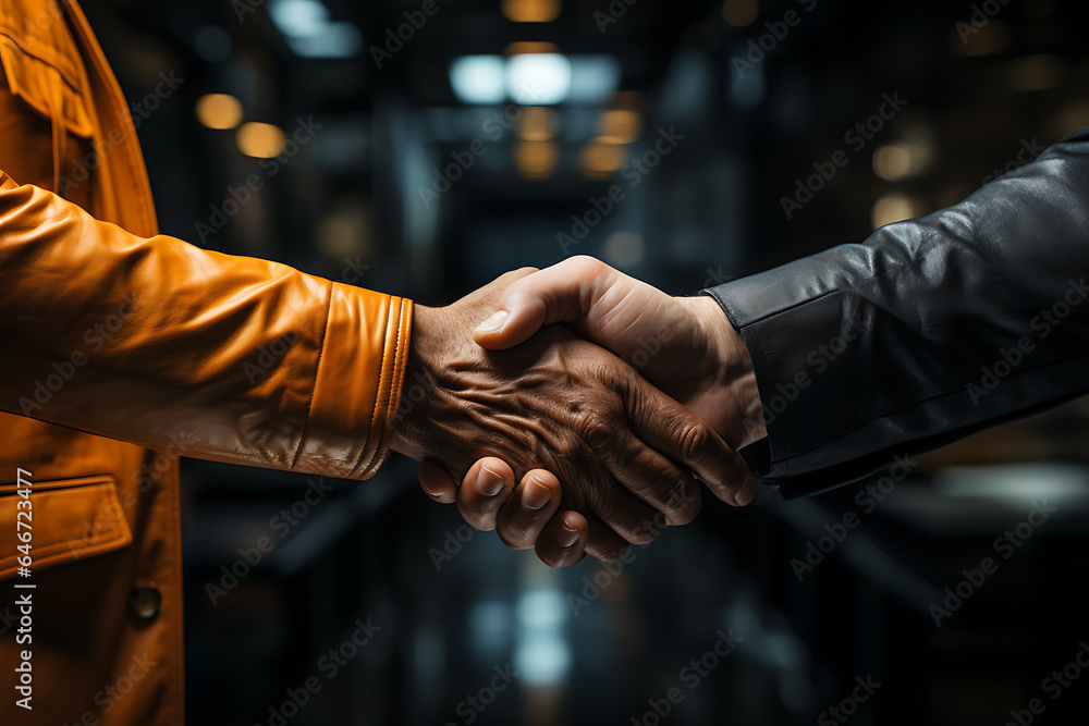 Businessmen in jackets are greeted by two hands close together Businessmen in jackets are greeted by two hands close together