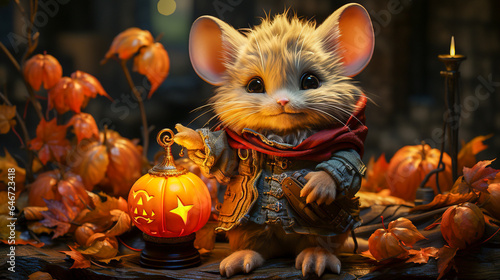 cute little mouse with a Halloween lantern in an autumn forest