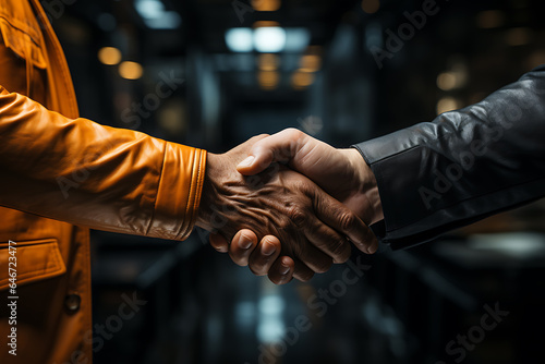 Businessmen in jackets are greeted by two hands close together