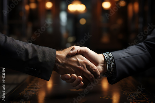 Businessmen in jackets are greeted by two hands close together