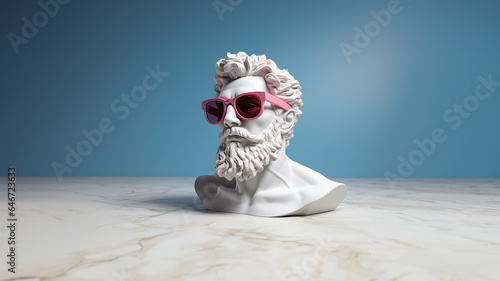 An antique bust sculpture in modern sunglasses. Minimal concept art.