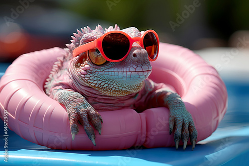 Pink chameleon in swimming pool floating on the inflatable toy ring. Summer vacation concept. Generated AI.