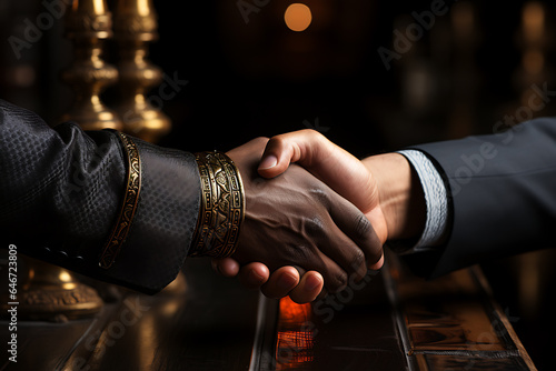 Businessmen in jackets are greeted by two hands close together