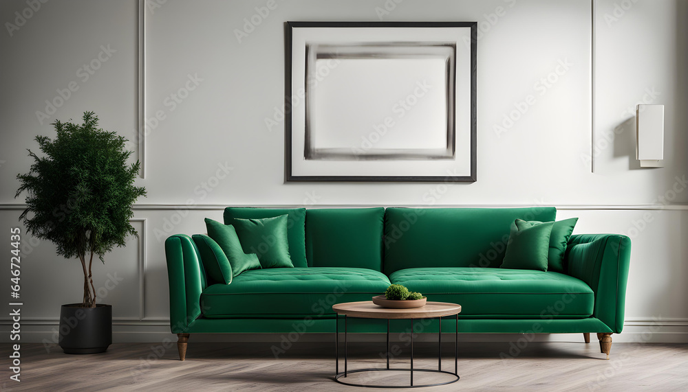 Simple interior design of a modern living room with pastel green fabric sofa and cushions and blank poster frame Simple interior design of a modern living room with pastel green fabric sofa and cushions and blank poster frame