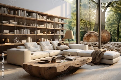 modern luxury library with light natural materials