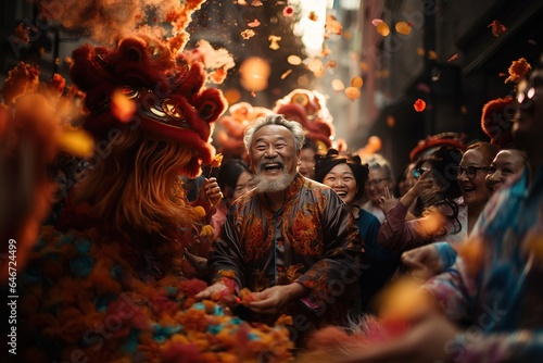 Chinese Street Celebrations: Bustling streets filled with colorful decorations and lively parades.Generated with AI photo