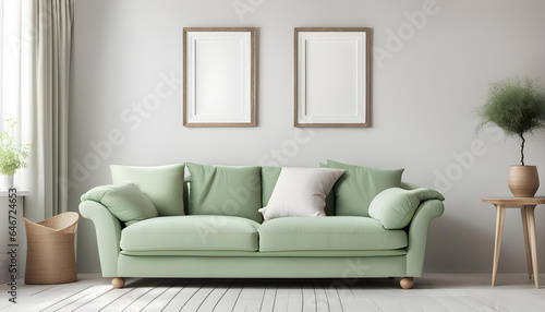 Simple interior design of a modern living room with pastel green fabric sofa and cushions and blank poster frame © anmitsu