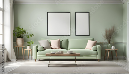 Simple interior design of a modern living room with pastel green fabric sofa and cushions and blank poster frame