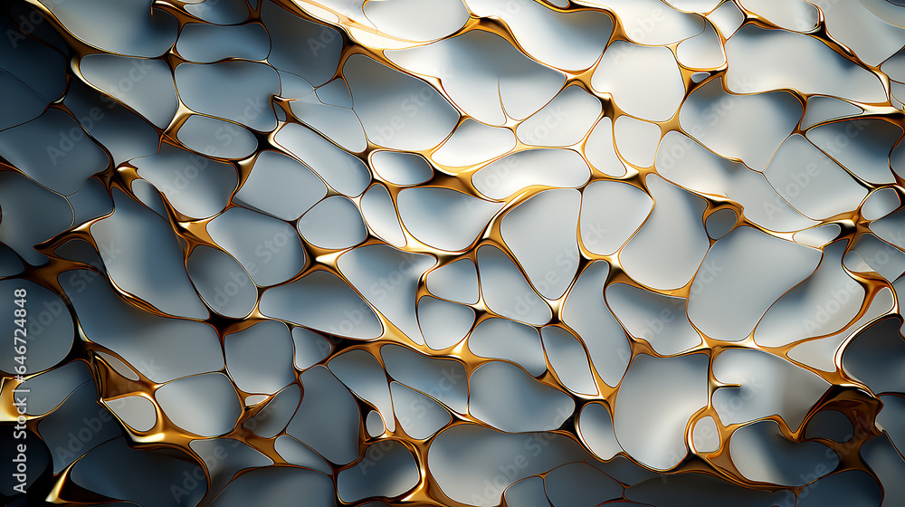 Fototapeta premium Wallpaper mosaic of white painted metal and golden stripe decor, the form of white futuristic relief modules with golden scuffs 