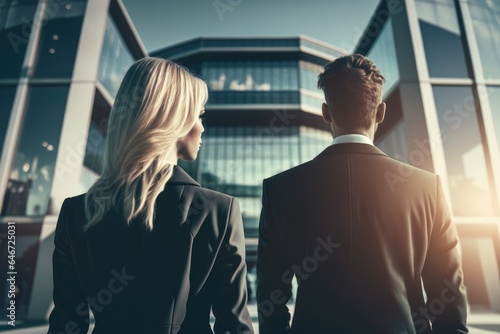 Man and woman stand in front of a modern glass business center. Back view.