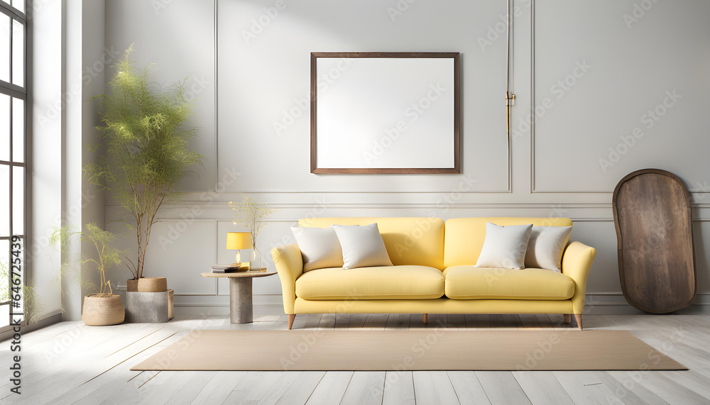 Fototapeta premium Simple interior design of a modern living room with a pastel yellow fabric sofa and cushions and a blank poster frame.