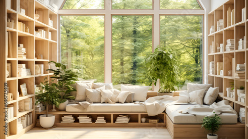 Inneneinrichtung in einem modernem Haus mit grossen Fenstern. Generiert mit KI photo