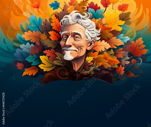 Colorful cartoon of an elderly man with falling leaves flying around him. Concept of old age, the mind, dementia or Alzheimer and the autumn of life. Copy space.